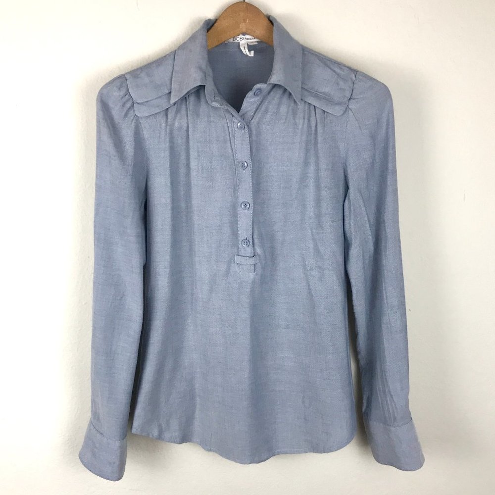 BCBGeneration Blue Long Sleeve 1/2 Button Up Top